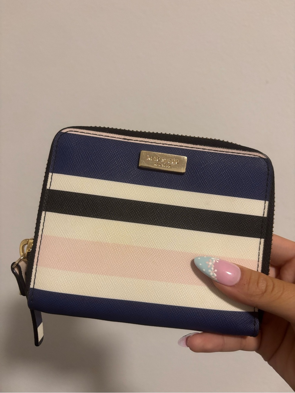 kate spade Striped Zip-Around Wallet in Navy, Black & Pink